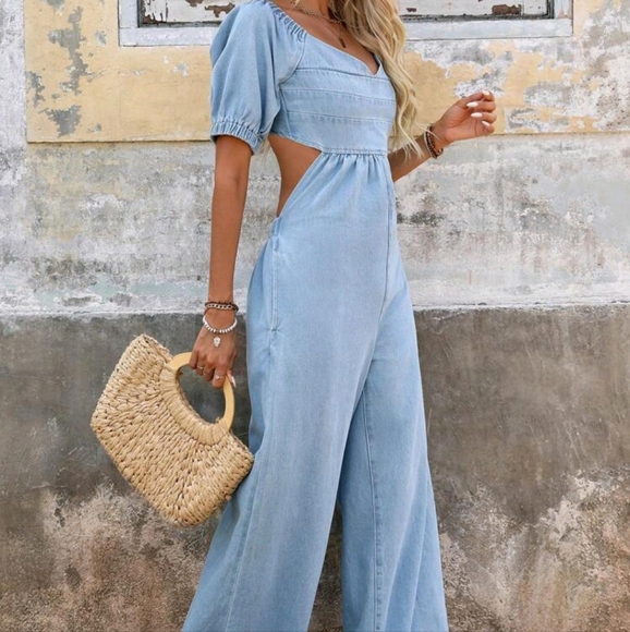 Women's Solid Color Casual Denim Jumpsuit With Off Shoulder Design Fo - Picture 4 of 4